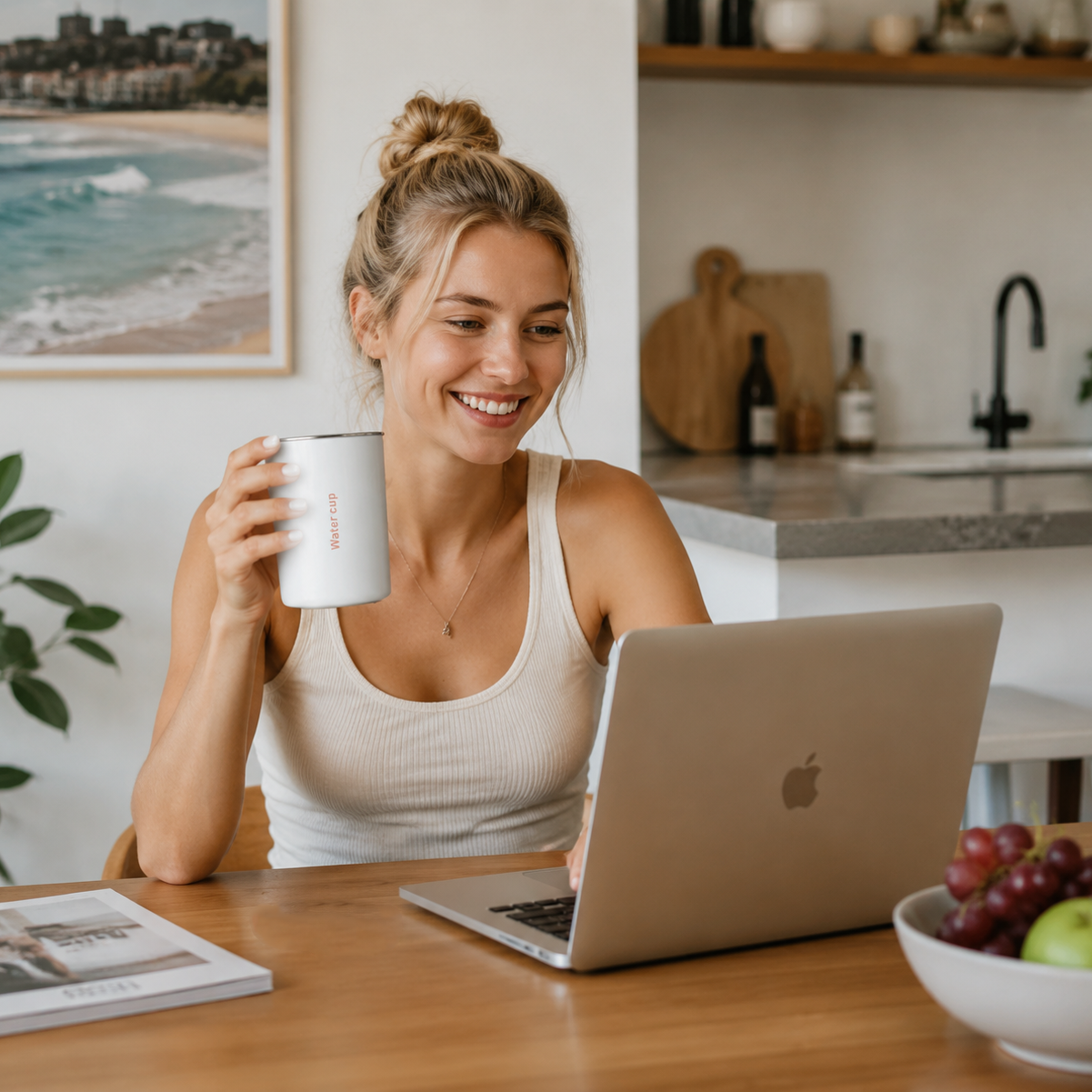 White 304 Stainless Steel Magnetic Hanging Water Bottle, 12.17 oz Double-Wall Insulated Coffee/Milk Cup with Magnetic Coaster