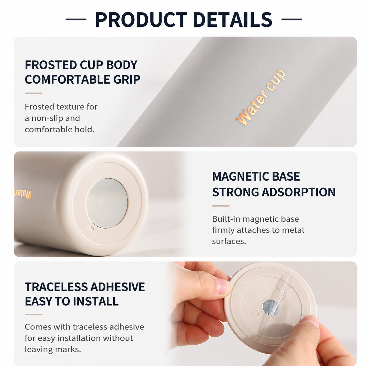 White 304 Stainless Steel Magnetic Hanging Water Bottle, 12.17 oz Double-Wall Insulated Coffee/Milk Cup with Magnetic Coaster