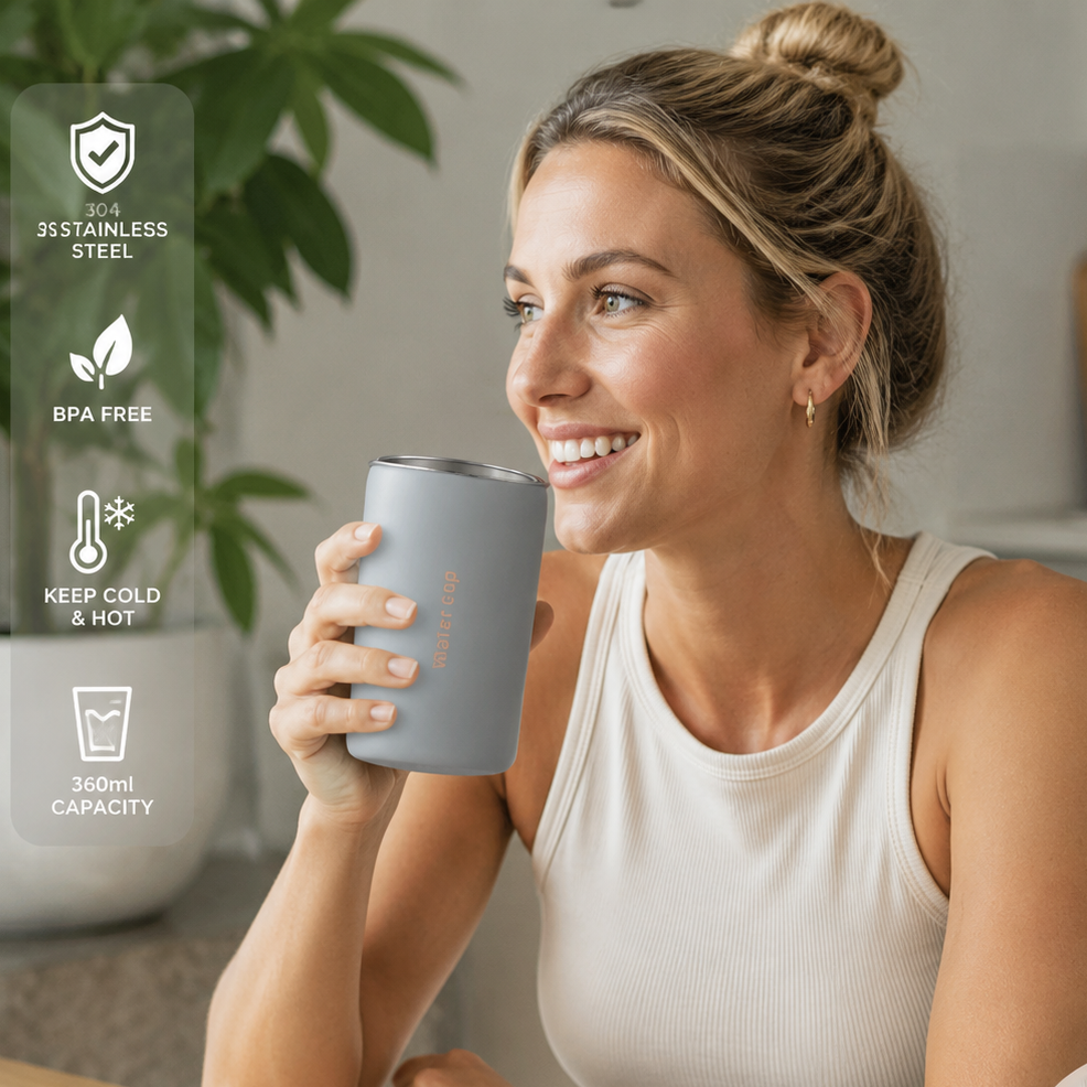 Gray 304 Stainless Steel Magnetic Hanging Water Bottle, 12.17 oz Double-Wall Insulated Coffee/Milk Cup with Magnetic Coaster