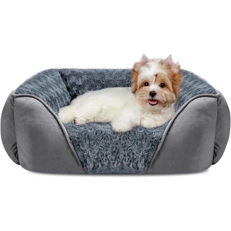 Grey Small & Medium Pet Bed - Washable Rectangle Dog Bed with Bolstered Walls and Anti-Slip Bottom, S (60×45×14cm)