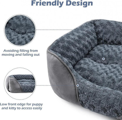 Grey Small & Medium Pet Bed - Washable Rectangle Dog Bed with Bolstered Walls and Anti-Slip Bottom, S (60×45×14cm)