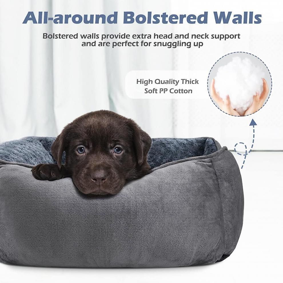 Grey Small & Medium Pet Bed - Washable Rectangle Dog Bed with Bolstered Walls and Anti-Slip Bottom, S (60×45×14cm)
