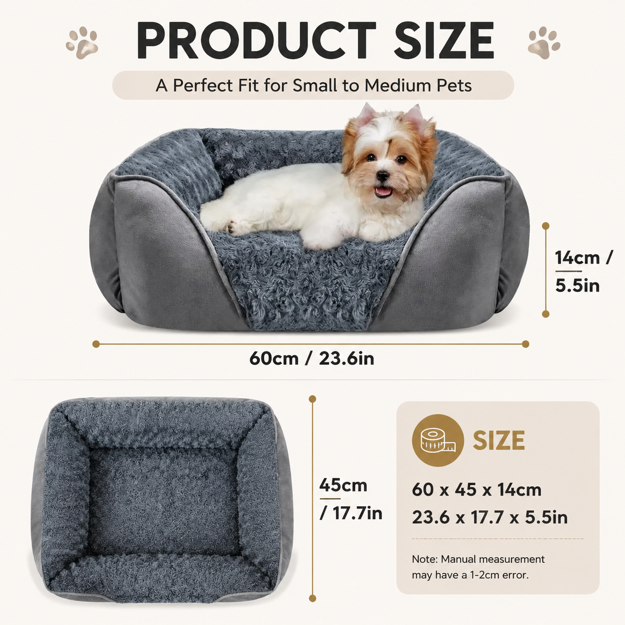 Grey Small & Medium Pet Bed - Washable Rectangle Dog Bed with Bolstered Walls and Anti-Slip Bottom, S (60×45×14cm)