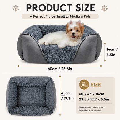 Grey Small & Medium Pet Bed - Washable Rectangle Dog Bed with Bolstered Walls and Anti-Slip Bottom, S (60×45×14cm)