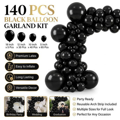 140PCS Black Balloon Garland Kit Latex Balloon Arch Set for Birthday Wedding Party Decoration Black Party Balloon Arch Kit with Multiple Sizes