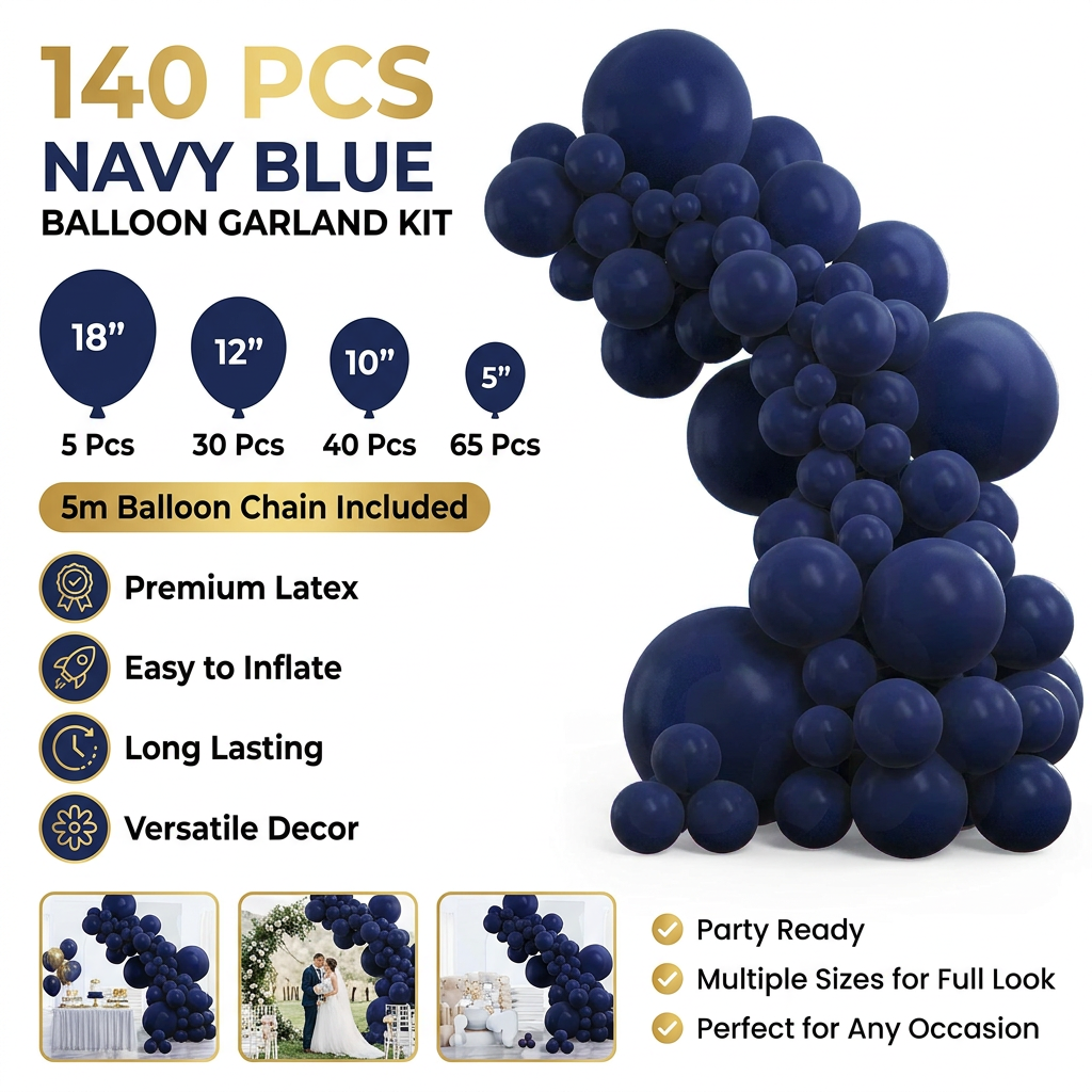 140PCS Dark blue Balloon Garland Kit Latex Balloon Arch Set for Birthday Wedding Party Decoration Dark blue Party Balloon Arch Kit with Multiple Sizes