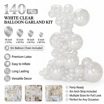 140PCS Transparent Balloon Garland Kit Latex Balloon Arch Set for Birthday Wedding Party Decoration Transparent Party Balloon Arch Kit with Multiple Sizes