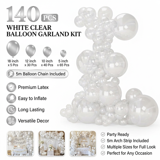 140PCS Transparent Balloon Garland Kit Latex Balloon Arch Set for Birthday Wedding Party Decoration Transparent Party Balloon Arch Kit with Multiple Sizes