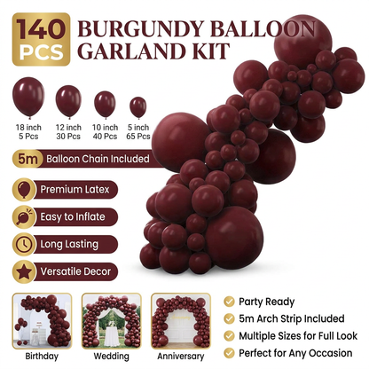 140PCS Wine red Balloon Garland Kit Latex Balloon Arch Set for Birthday Wedding Party Decoration Wine red Party Balloon Arch Kit with Multiple Sizes