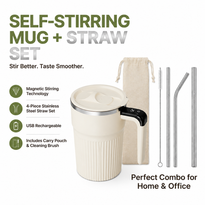 White Self Stirring Coffee Mug Electric Temperature Display Cup 14.4cm (5.67in) Stainless Steel Insulated Travel Mug with 3-Piece Stainless Steel Straw Set for Coffee Milk Protein Shakes