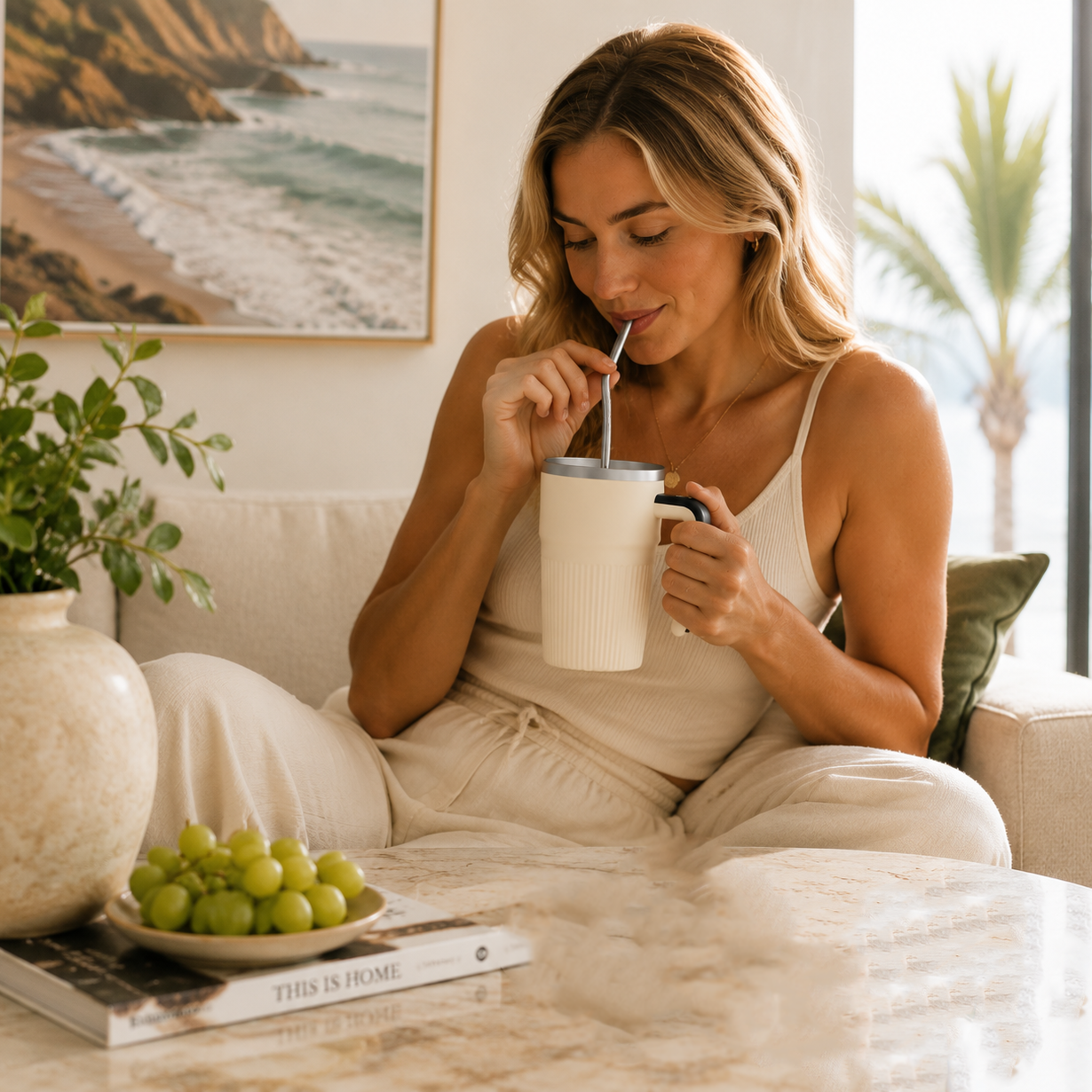 White Self Stirring Coffee Mug Electric Temperature Display Cup 14.4cm (5.67in) Stainless Steel Insulated Travel Mug with 3-Piece Stainless Steel Straw Set for Coffee Milk Protein Shakes
