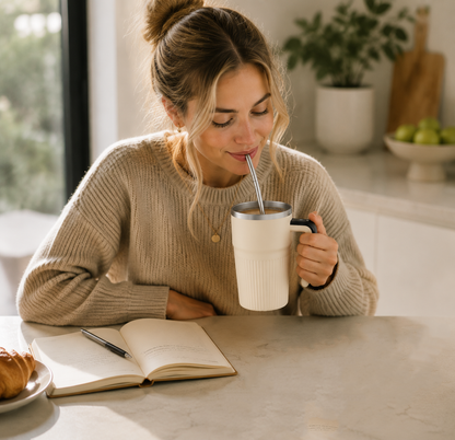 White Self Stirring Coffee Mug Electric Temperature Display Cup 14.4cm (5.67in) Stainless Steel Insulated Travel Mug with 3-Piece Stainless Steel Straw Set for Coffee Milk Protein Shakes