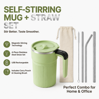 Green Self Stirring Coffee Mug Electric Temperature Display Cup 14.4cm (5.67in) Stainless Steel Insulated Travel Mug with 3-Piece Stainless Steel Straw Set for Coffee Milk Protein Shakes