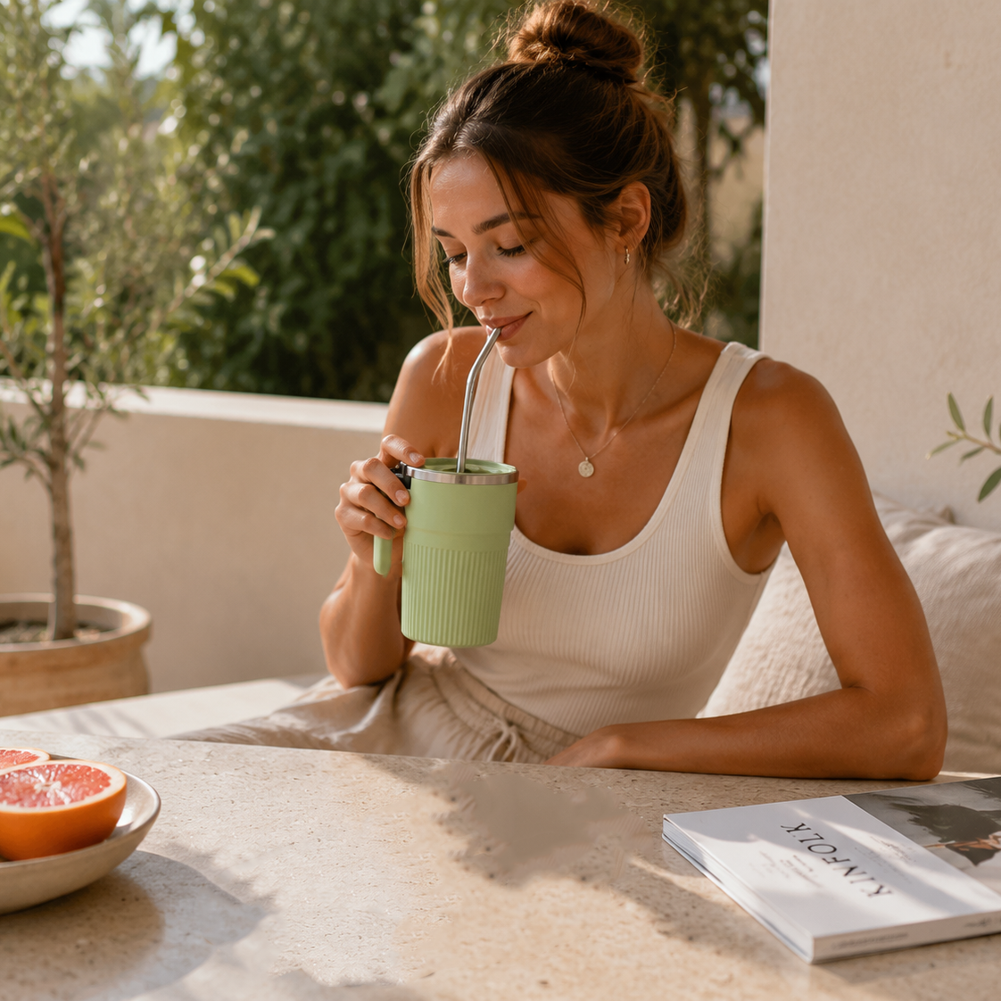 Green Self Stirring Coffee Mug Electric Temperature Display Cup 14.4cm (5.67in) Stainless Steel Insulated Travel Mug with 3-Piece Stainless Steel Straw Set for Coffee Milk Protein Shakes
