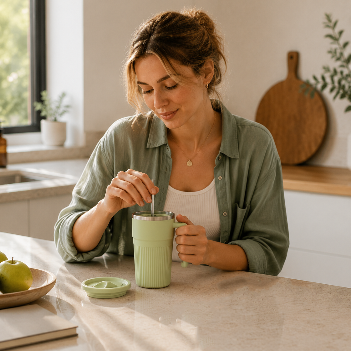 Green Self Stirring Coffee Mug Electric Temperature Display Cup 14.4cm (5.67in) Stainless Steel Insulated Travel Mug with 3-Piece Stainless Steel Straw Set for Coffee Milk Protein Shakes