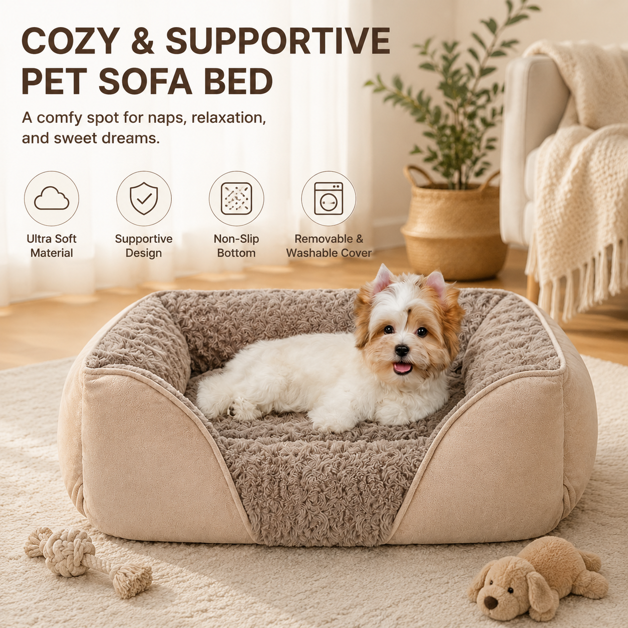 Camel Small & Medium Pet Bed - Washable Rectangle Dog Bed with Bolstered Walls and Anti-Slip Bottom, S (60×45×14cm)