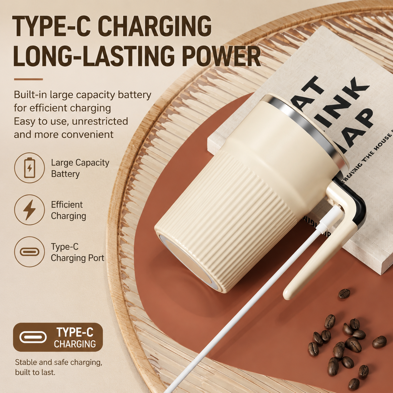White Electric Self Stirring Mug with Temperature Display Type-C Rechargeable Insulated Coffee Mixing Cup Portable Magnetic Stirring Mug for Coffee Milk Protein Shake Home Office Use
