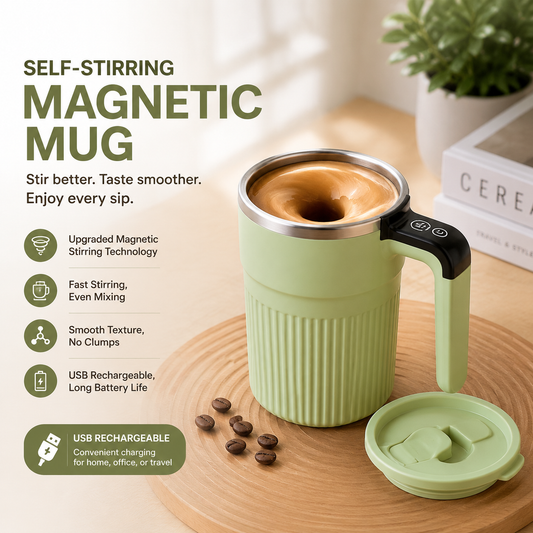 Green Electric Self Stirring Mug with Temperature Display Type-C Rechargeable Insulated Coffee Mixing Cup Portable Magnetic Stirring Mug for Coffee Milk Protein Shake Home Office Use