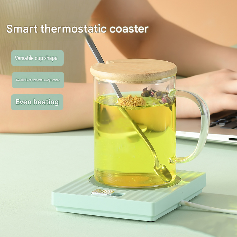 Green Coffee Mug Warmer Set with Glass Mug and Lid USB Powered 13W Constant Temperature Heating Coaster Approx 45C for Office Home Gift Use