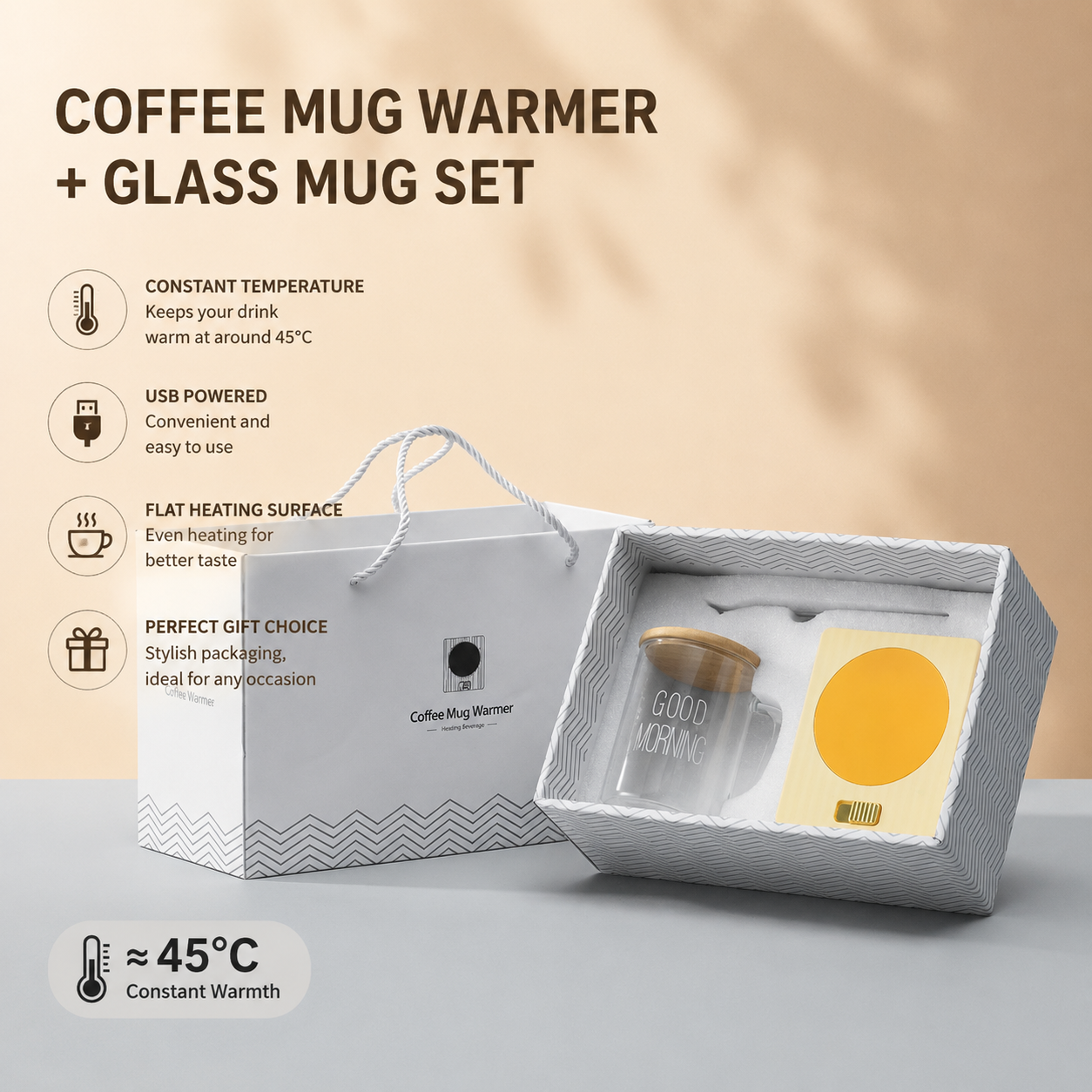 Yellow Coffee Mug Warmer Set with Glass Mug and Lid USB Powered 13W Constant Temperature Heating Coaster Approx 45C for Office Home Gift Use