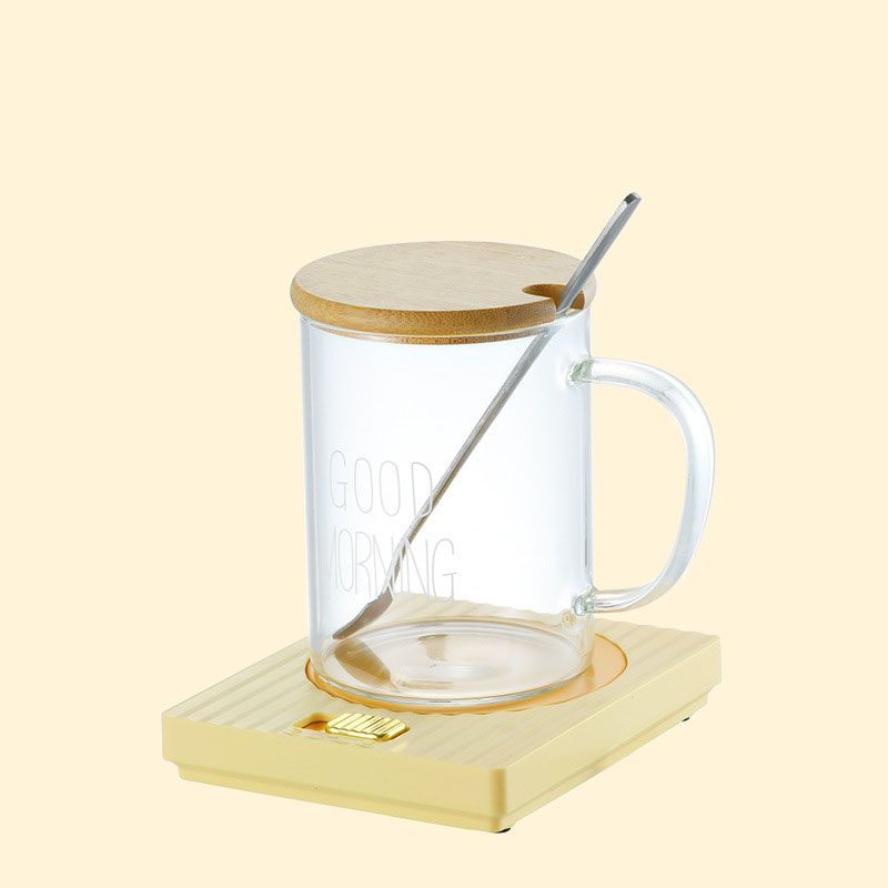Yellow Coffee Mug Warmer Set with Glass Mug and Lid USB Powered 13W Constant Temperature Heating Coaster Approx 45C for Office Home Gift Use