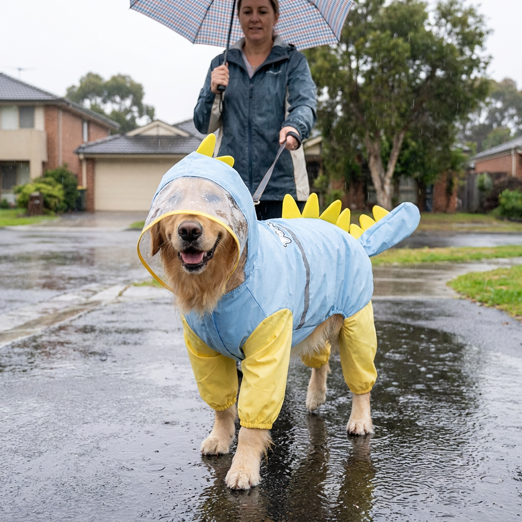 Blue Dog Raincoat Dinosaur Hooded Waterproof Jacket 3XL Size with Leash Hole Removable Tail Cover Full Body Coverage Pet Rain Coat for Outdoor Walking Large Dogs