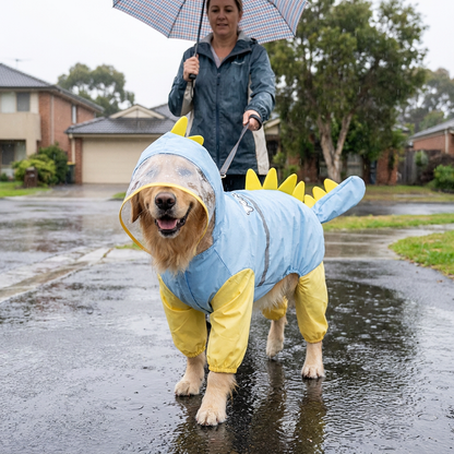 Blue Dog Raincoat Dinosaur Hooded Waterproof Jacket 3XL Size with Leash Hole Removable Tail Cover Full Body Coverage Pet Rain Coat for Outdoor Walking Large Dogs