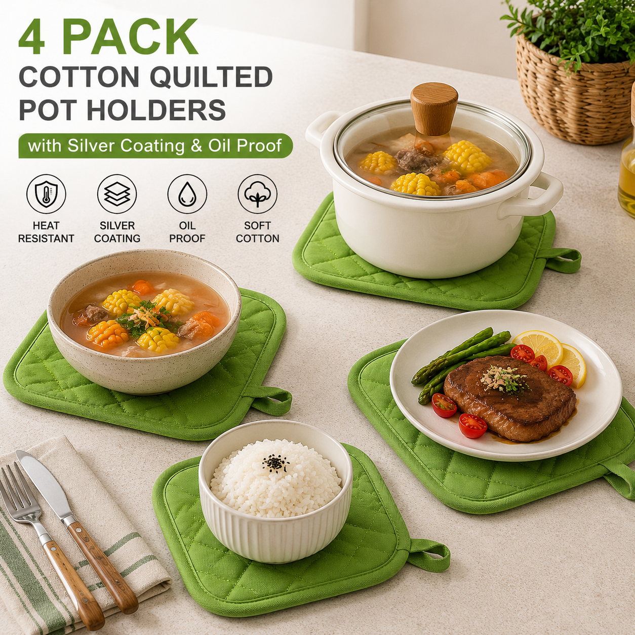 4 Pack Heat Resistant Pot Holders - Green Cotton Silver Coated Quilted Kitchen Heat Pads Non Slip Oven Mats 18x18cm Baking Cooking Microwave Use Durable Thermal Protection
