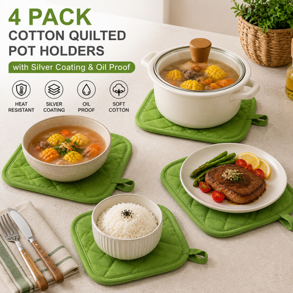 4 Pack Heat Resistant Pot Holders - Green Cotton Silver Coated Quilted Kitchen Heat Pads Non Slip Oven Mats 18x18cm Baking Cooking Microwave Use Durable Thermal Protection