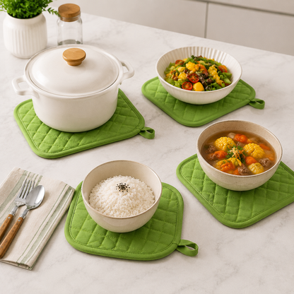 4 Pack Heat Resistant Pot Holders - Green Cotton Silver Coated Quilted Kitchen Heat Pads Non Slip Oven Mats 18x18cm Baking Cooking Microwave Use Durable Thermal Protection