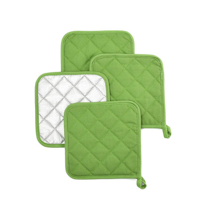 4 Pack Heat Resistant Pot Holders - Green Cotton Silver Coated Quilted Kitchen Heat Pads Non Slip Oven Mats 18x18cm Baking Cooking Microwave Use Durable Thermal Protection