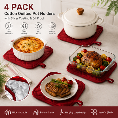 4 Pack Heat Resistant Pot Holders - Red Cotton Silver Coated Quilted Kitchen Heat Pads Non Slip Oven Mats 18x18cm Baking Cooking Microwave Use Durable Thermal Protection