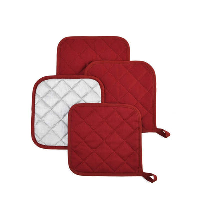 4 Pack Heat Resistant Pot Holders - Red Cotton Silver Coated Quilted Kitchen Heat Pads Non Slip Oven Mats 18x18cm Baking Cooking Microwave Use Durable Thermal Protection