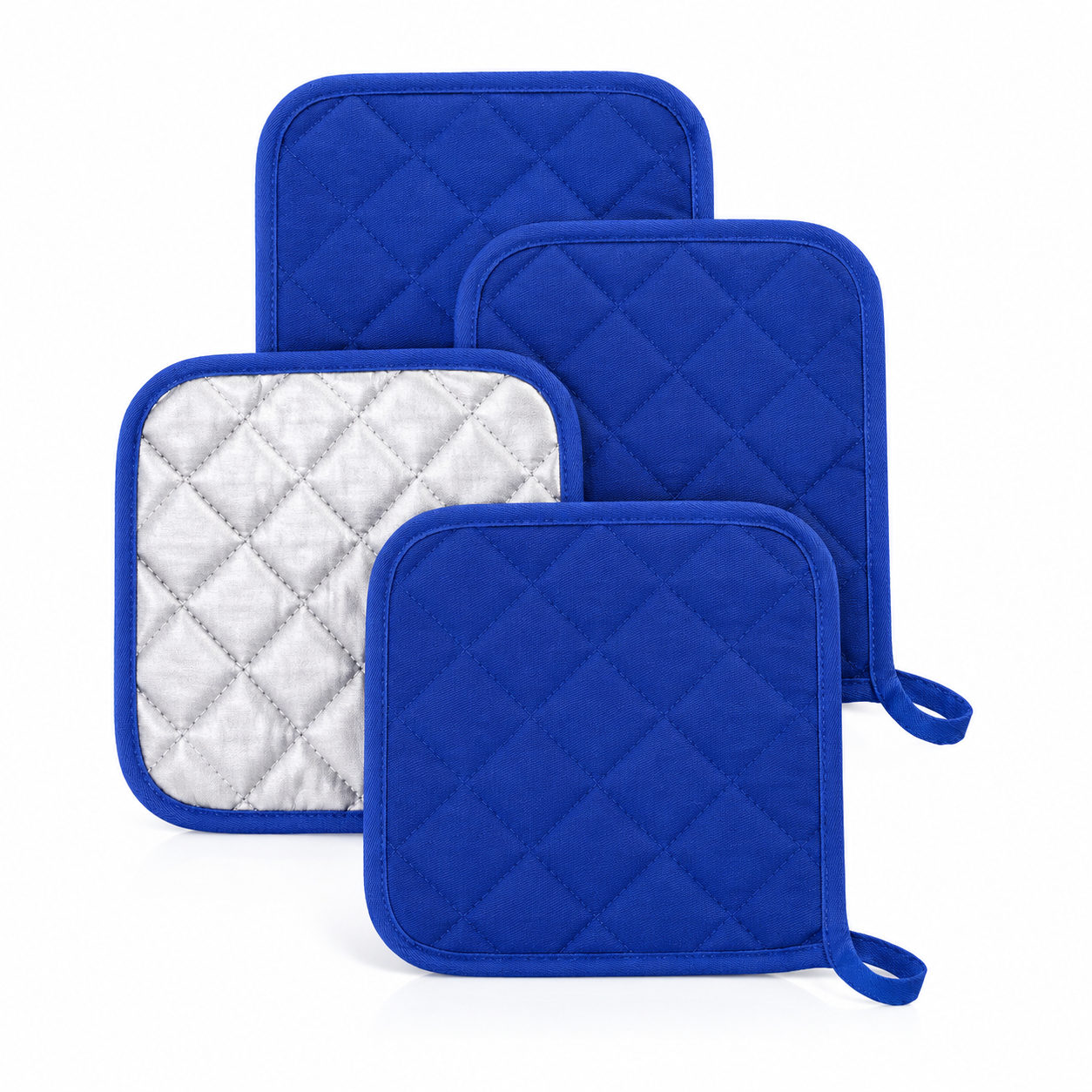 4 Pack Heat Resistant Pot Holders - Blue Cotton Silver Coated Quilted Kitchen Heat Pads Non Slip Oven Mats 18x18cm Baking Cooking Microwave Use Durable Thermal Protection