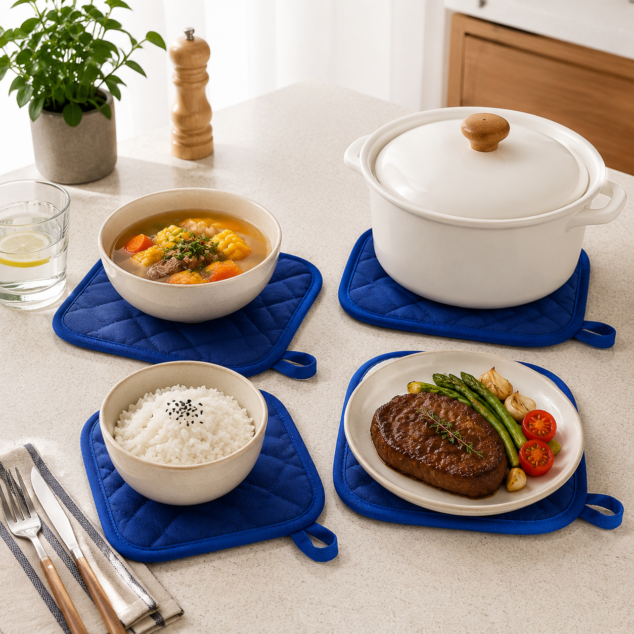 4 Pack Heat Resistant Pot Holders - Blue Cotton Silver Coated Quilted Kitchen Heat Pads Non Slip Oven Mats 18x18cm Baking Cooking Microwave Use Durable Thermal Protection