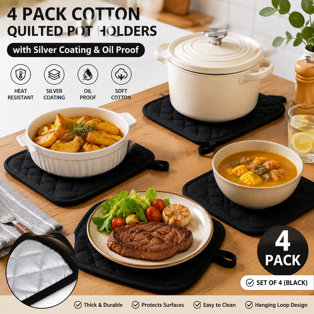 4 Pack Heat Resistant Pot Holders - Black Cotton Silver Coated Quilted Kitchen Heat Pads Non Slip Oven Mats 18x18cm Baking Cooking Microwave Use Durable Thermal Protection
