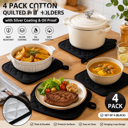 4 Pack Heat Resistant Pot Holders - Black Cotton Silver Coated Quilted Kitchen Heat Pads Non Slip Oven Mats 18x18cm Baking Cooking Microwave Use Durable Thermal Protection