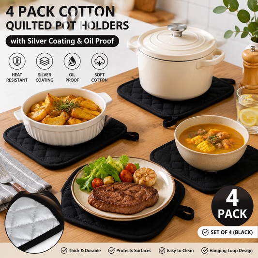 4 Pack Heat Resistant Pot Holders - Black Cotton Silver Coated Quilted Kitchen Heat Pads Non Slip Oven Mats 18x18cm Baking Cooking Microwave Use Durable Thermal Protection