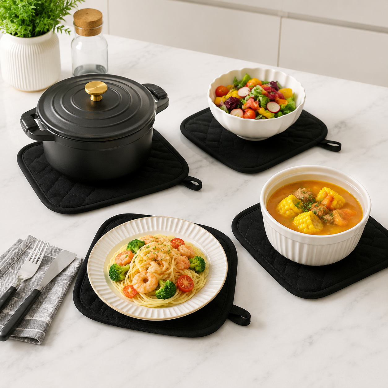 4 Pack Heat Resistant Pot Holders - Black Cotton Silver Coated Quilted Kitchen Heat Pads Non Slip Oven Mats 18x18cm Baking Cooking Microwave Use Durable Thermal Protection