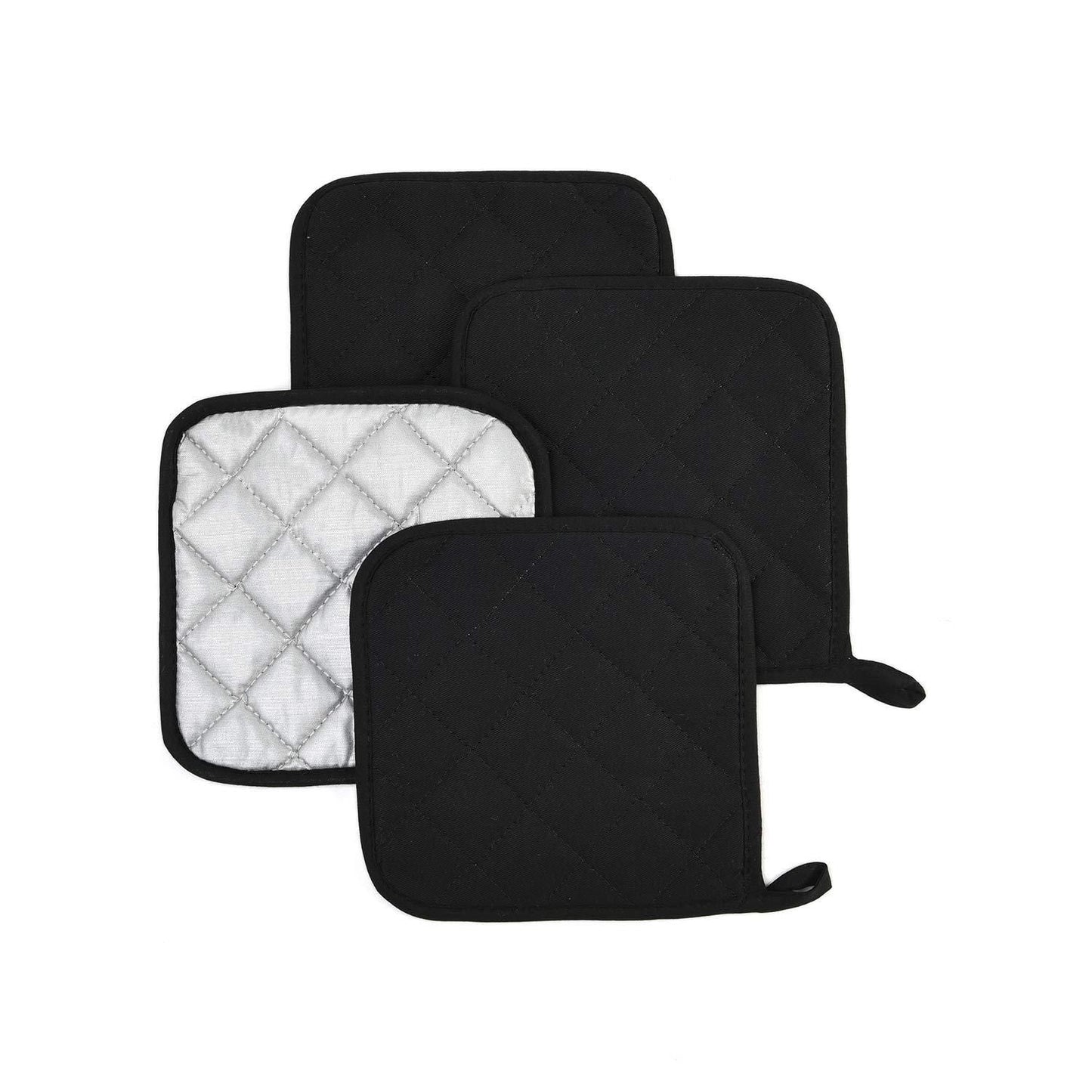 4 Pack Heat Resistant Pot Holders - Black Cotton Silver Coated Quilted Kitchen Heat Pads Non Slip Oven Mats 18x18cm Baking Cooking Microwave Use Durable Thermal Protection