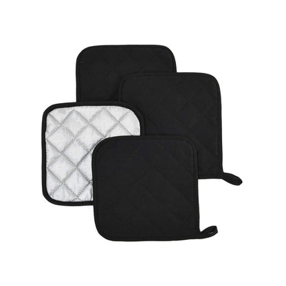 4 Pack Heat Resistant Pot Holders - Black Cotton Silver Coated Quilted Kitchen Heat Pads Non Slip Oven Mats 18x18cm Baking Cooking Microwave Use Durable Thermal Protection