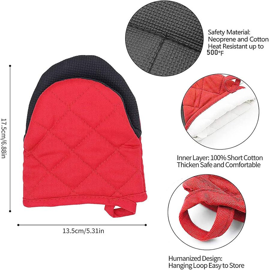 Red Heat Resistant Oven Mitts Set of 2 - Neoprene Cotton Insulated Kitchen Gloves, 500F Heat Protection, Non Slip Silicone Grip for Baking, Cooking, Microwave and Oven Use
