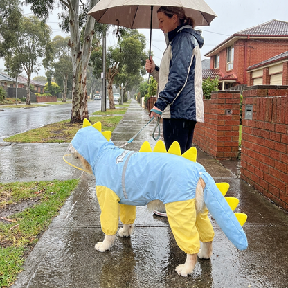 Blue Dog Raincoat Dinosaur Hooded Waterproof Jacket 4XL Size with Leash Hole Removable Tail Cover Full Body Coverage Pet Rain Coat for Outdoor Walking Large Dogs