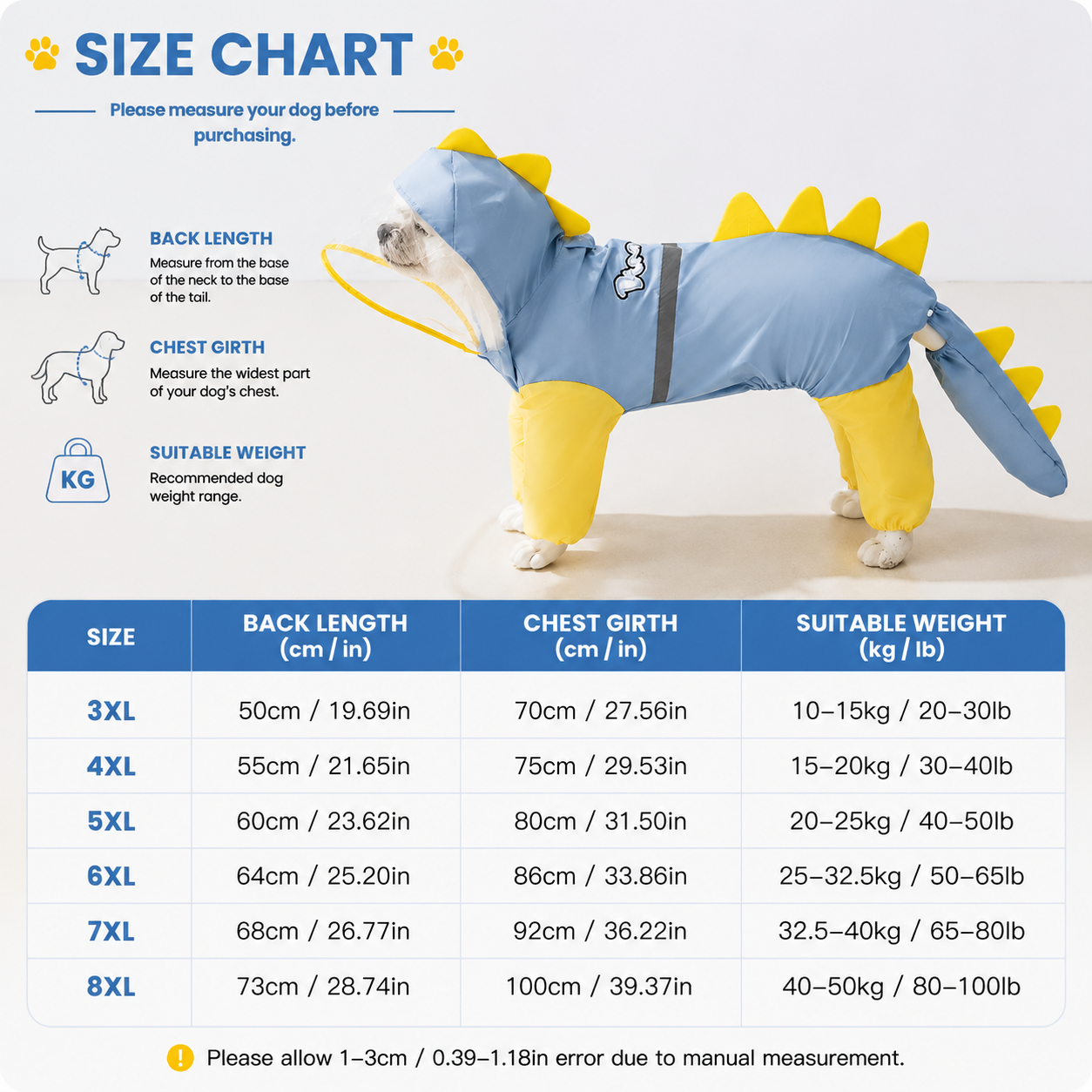 Blue Dog Raincoat Dinosaur Hooded Waterproof Jacket 4XL Size with Leash Hole Removable Tail Cover Full Body Coverage Pet Rain Coat for Outdoor Walking Large Dogs