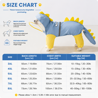 Blue Dog Raincoat Dinosaur Hooded Waterproof Jacket 4XL Size with Leash Hole Removable Tail Cover Full Body Coverage Pet Rain Coat for Outdoor Walking Large Dogs