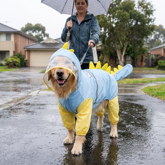Blue Dog Raincoat Dinosaur Hooded Waterproof Jacket 7XL Size with Leash Hole Removable Tail Cover Full Body Coverage Pet Rain Coat for Outdoor Walking Large Dogs