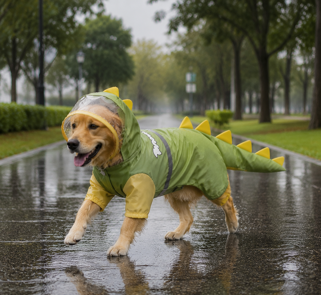 Green Dog Raincoat Dinosaur Hooded Waterproof Jacket 5XL Size with Leash Hole Removable Tail Cover Full Body Coverage Pet Rain Coat for Outdoor Walking Large Dogs