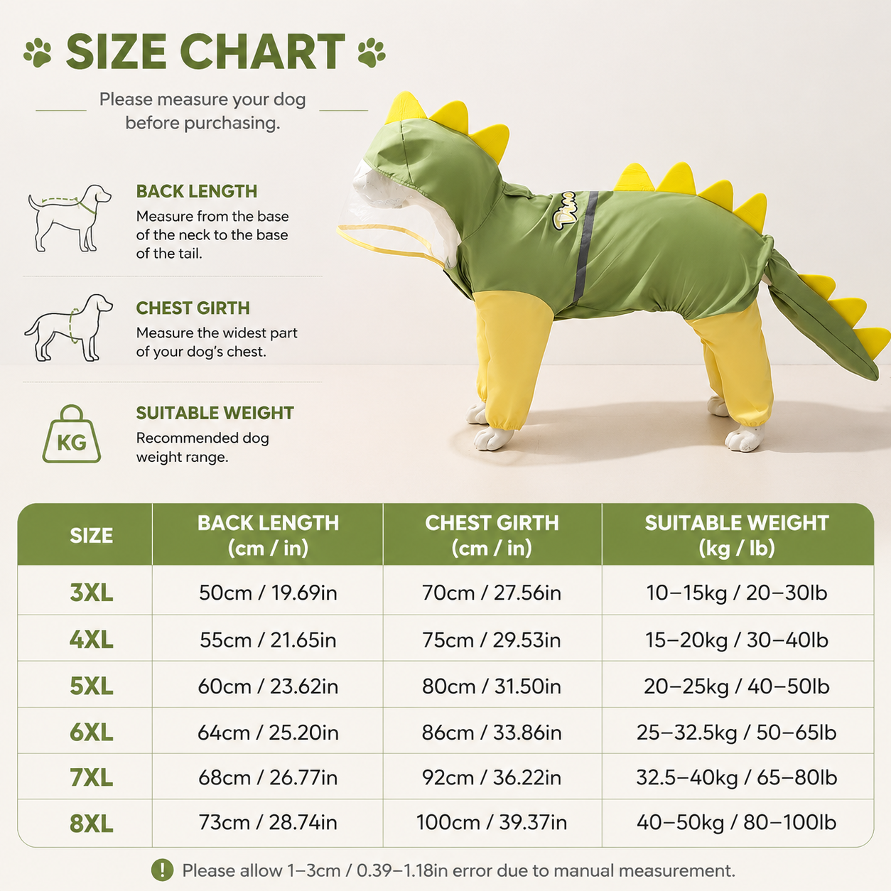 Green Dog Raincoat Dinosaur Hooded Waterproof Jacket 6XL Size with Leash Hole Removable Tail Cover Full Body Coverage Pet Rain Coat for Outdoor Walking Large Dogs
