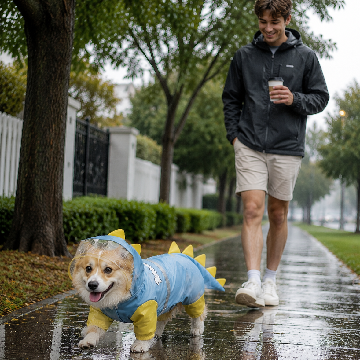 Blue Size 2XL Waterproof Dinosaur Dog Raincoat with Harness Hole Full Body Pet Rain Jacket for Small Dogs Tail Cover Lightweight Outdoor Walking
