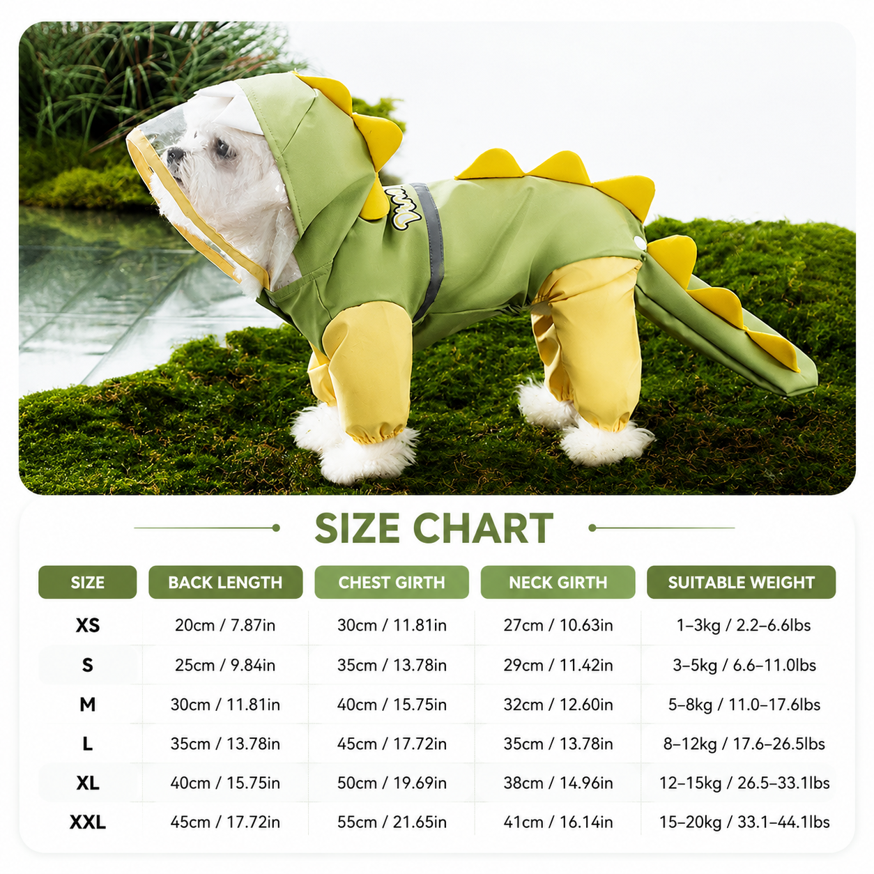 Green Size L Waterproof Dinosaur Dog Raincoat with Harness Hole Full Body Pet Rain Jacket for Small Dogs Tail Cover Lightweight Outdoor Walking